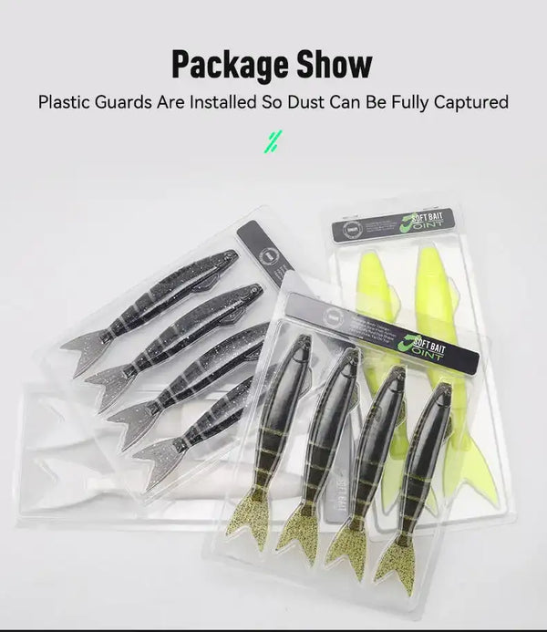 Set of jointed soft swimbait lures in clear packaging, mixed colors shown