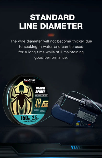 Black Spider PE line spool with standard line diameter gauge illustration