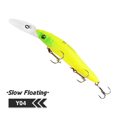 Minnow fishing lure, neon green and yellow with white lip, three treble hooks