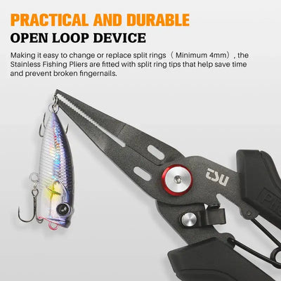 Open loop split ring plier with black grips, red pivot, and attached lure