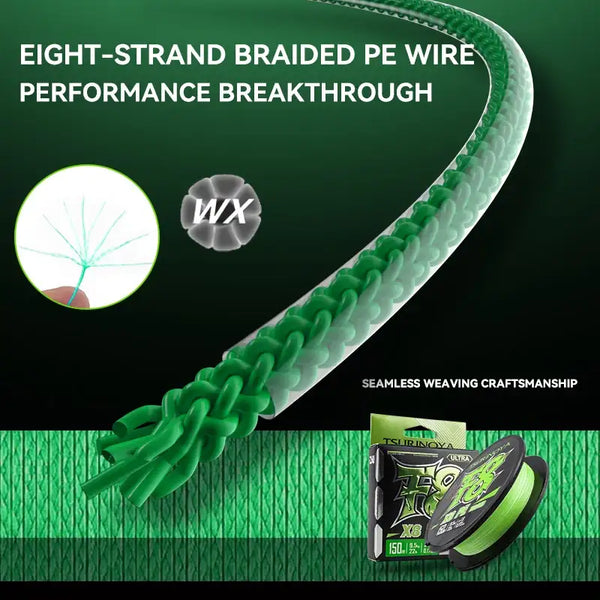 Green eight-strand PE braided fishing line coil with close-up braid texture