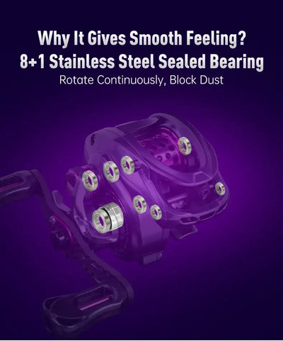 Micro baitcasting fishing reel close-up with purple internal parts and sealed bearing assembly