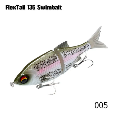 Jointed pencil swimbait in white and pink with speckled spots, olive back, treble hooks