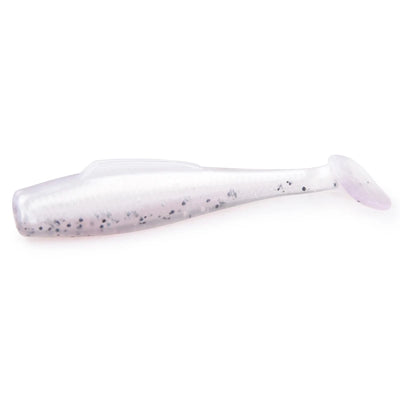 Soft plastic paddle tail minnow lure, translucent white with gray speckled pattern