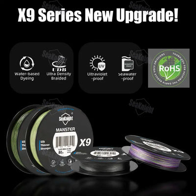 Braided fishing line spools with green line and X9 label for upgrades