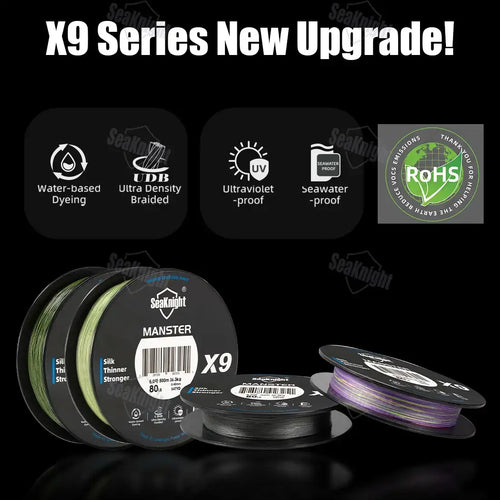 Braided fishing line spools with green line and X9 label for upgrades
