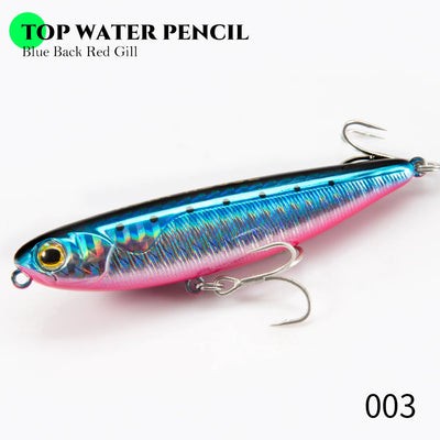 Top water pencil lure, blue back red gill with treble hooks