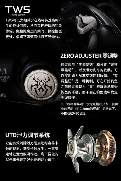 Baitcasting reel close-up showing ZERO ADJUSTER feature and side mechanism