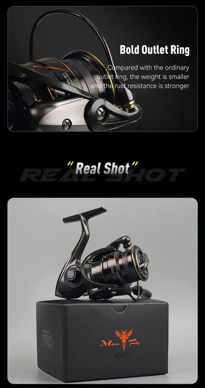 Spinning reel with bold outlet ring and compact design, black and silver finish