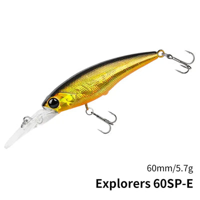Suspending minnow lure, gold-yellow body with black eye and silver lip, 60mm treble hooks.