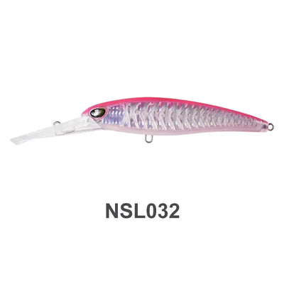 Deep diver trolling minnow lure, pink back with silver scales and clear diving lip