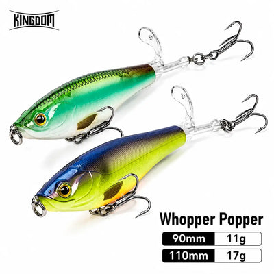Floating topwater fishing lure set with two hard baits, teal and blue-green colors, treble hooks
