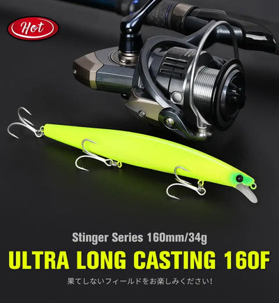 Floating minnow hard body lure, bright lime green body with silver treble hooks