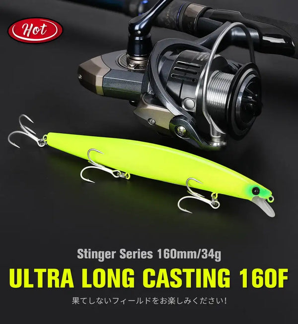Floating minnow hard body lure, bright lime green body with silver treble hooks