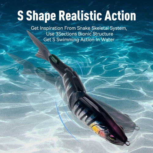 Dark blue jointed fishing swimbait with three treble hooks