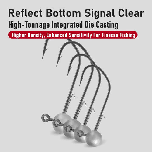 Jig head hook set with multiple silver hooks and round lead heads, close-up.