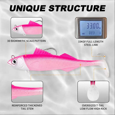 Soft swimbait lure design diagram with reinforced tail stem and oversized T-tail