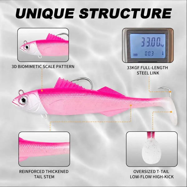 Soft swimbait lure design diagram with reinforced tail stem and oversized T-tail