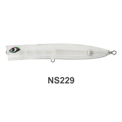 Floating wobbler fishing lure, translucent white with teal eye, double hooks