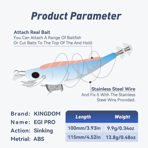 Blue and white sinking squid jig lure with round eye and multiple tentacle hooks