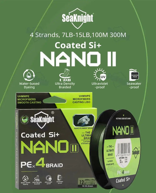 SeaKnight Nano II coated 4-strand braided fishing line set, green box and spool