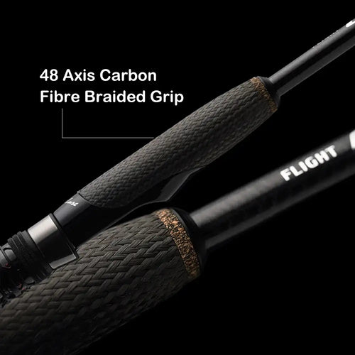 Black spinning fishing rod grip with braided carbon-fiber texture and rod blank.