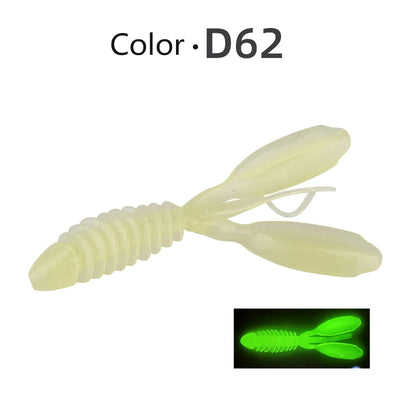 Light translucent white silicone worm lure with ribbed body and forked tail