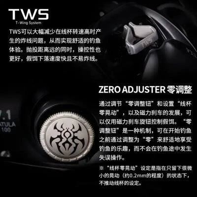 Black baitcasting reel with TWS logo and close-up reel body