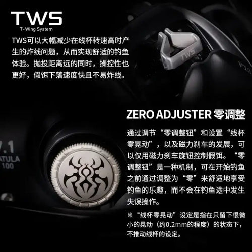 Black baitcasting reel with TWS logo and close-up reel body