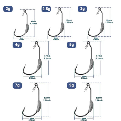 Weighted EWG worm hook set with different weights (2g–9g), size diagram