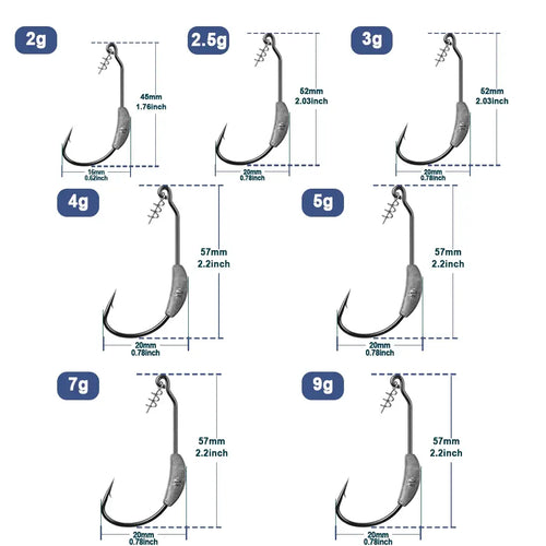 Weighted EWG worm hook set with different weights (2g–9g), size diagram