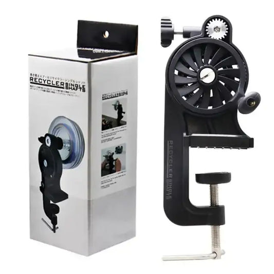 Adjustable fishing line winder with black hand crank and table clamp
