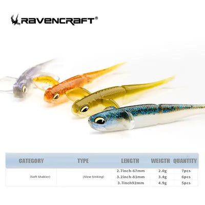 Ravencraft drunk shad soft shaker lures in translucent orange yellow and blue glitter with slow sinking action