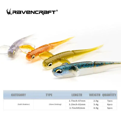 Ravencraft drunk shad soft shaker lures in translucent orange yellow and blue glitter with slow sinking action