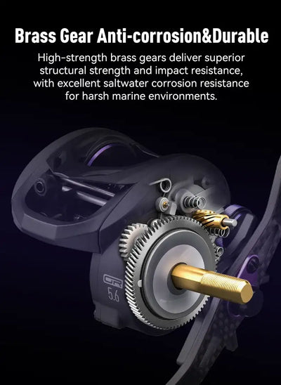 Black baitcasting fishing reel with gold crank handle and carbon-fiber side plate detail
