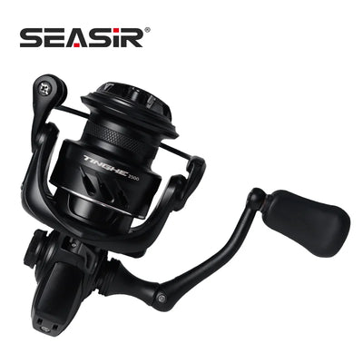 Black spinning reel with curved crank handle and front spool