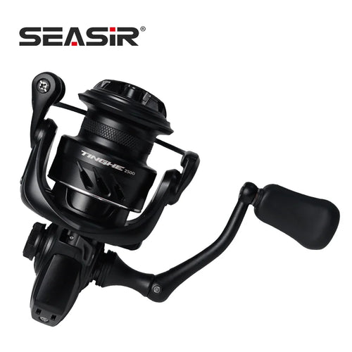 Black spinning reel with curved crank handle and front spool