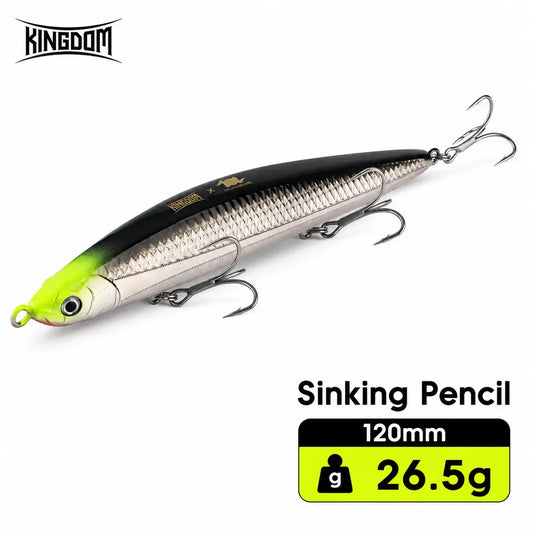 Sinking pencil fishing lure, black back, silver body, green head; three treble hooks