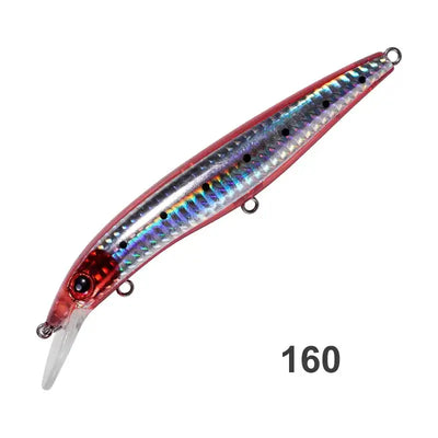 Red and blue metallic floating minnow hard fishing lure with holographic stripe, treble hooks
