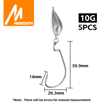 10G jig lead head weedless hook, 5pcs, curved hook with size diagram