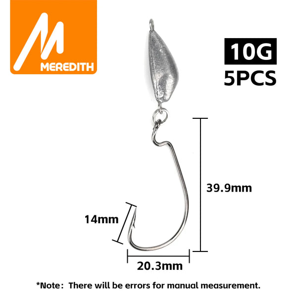 10G jig lead head weedless hook, 5pcs, curved hook with size diagram