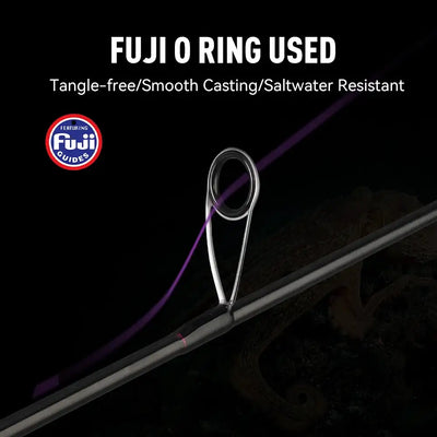 Squid fishing rod line guide ring with shiny frame on a purple-and-black blank