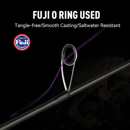 Squid fishing rod line guide ring with shiny frame on a purple-and-black blank