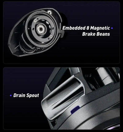 Black baitcasting reel showing embedded magnetic brake and drain spout