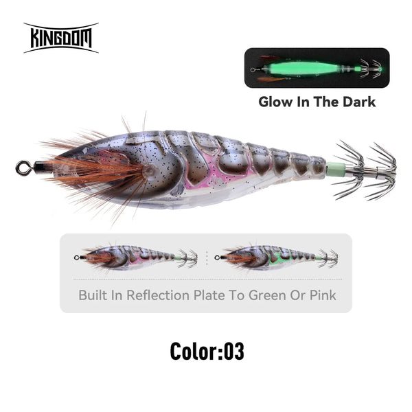 Artificial squid jig in gray and purple with green glow accents and hook arms