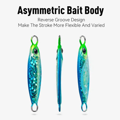Micro metal jig fishing lures, green-and-blue glitter bodies with single hooks