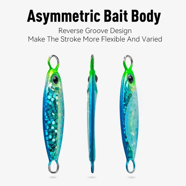 Micro metal jig fishing lures, green-and-blue glitter bodies with single hooks