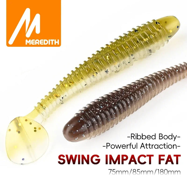 Ribbed paddle tail soft fishing lure pair, translucent yellow and dark brown.