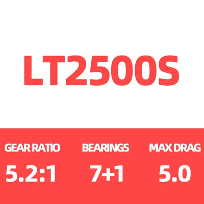 Spinning reel label: LT2500S, Gear Ratio 5.2:1, 7+1 bearings, Max Drag 5.0