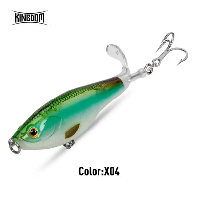 Topwater propeller pencil fishing lure, teal-green back with light belly and treble hooks